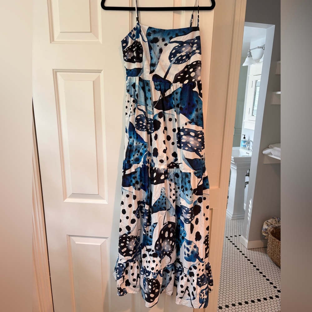 FARM Rio Blue and White Floral Tiered Maxi Dress